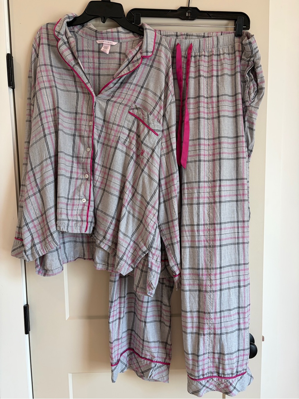 Victoria's Secret Gray Plaid Pajama Set with Pink Trim